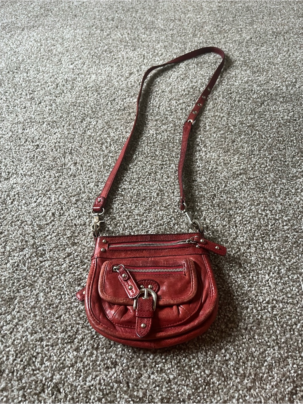 Red Leather Crossbody Bag with Buckle Detail